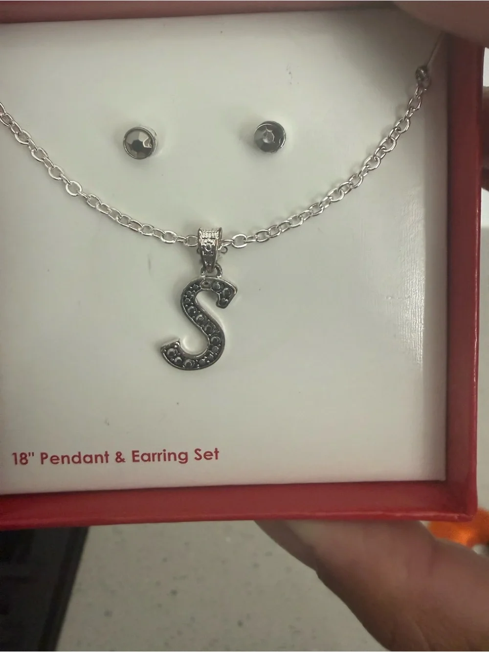 Girls Silver 'S' Initial Necklace and Earring Set NIB